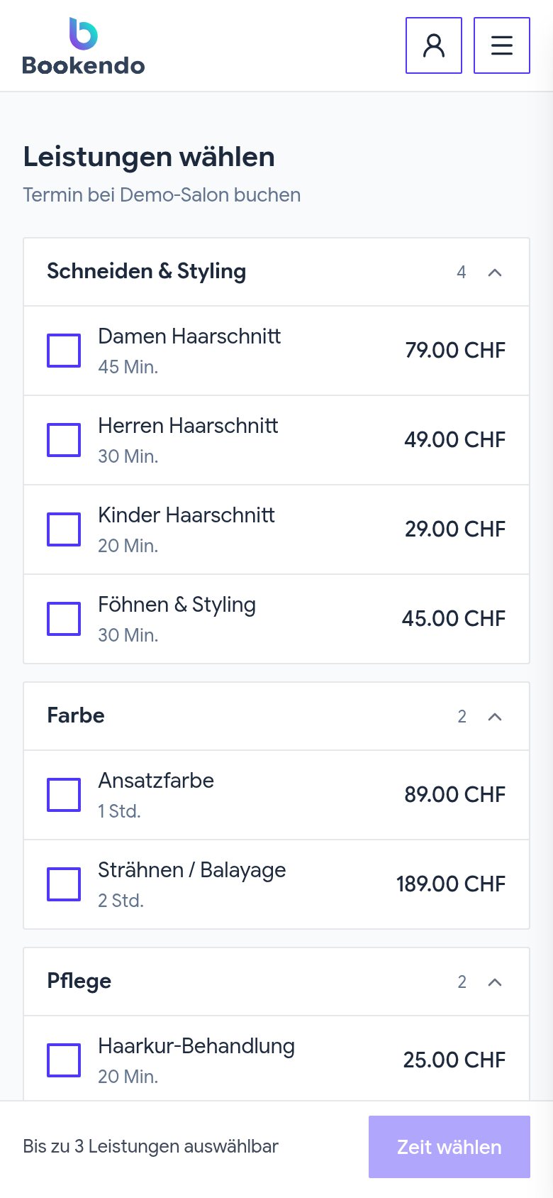 Leistungen wählen in Sekunden